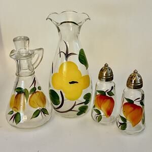 MCM Hand Painted Glass Carafe Vase Cruet Salt Pepper Kitchen Set Bottom Mark